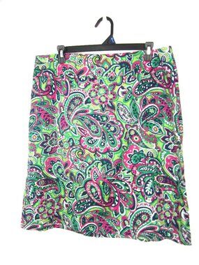 Talbots Cotton Paisley Size 16P Straight A-Line Skirt Green Fuchsia Navy White